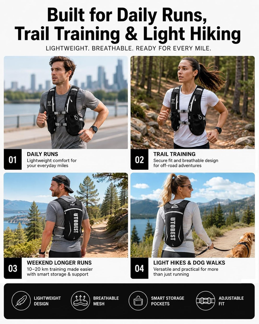 UTOBEST Trinkrucksack 5L Herren Damen Ultraleicht Laufrucksack für Laufen,Marathon,Jogging,Radfahren