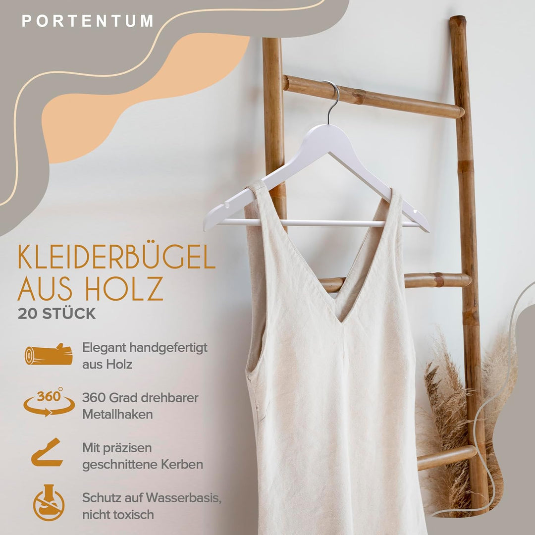 PORTENTUM Kleiderbügel aus Holz, 20 Stück, Weiss. Für alle Kleidung, 360º Drehbarer Haken, Hosenbüge
