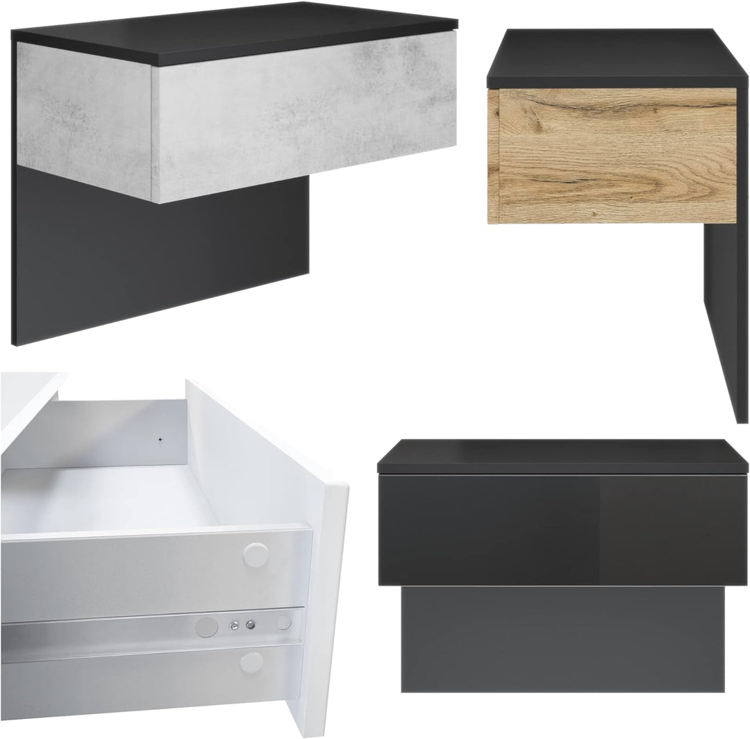 Vladon Nachttisch Sleep, Nachttischschrank mit Schublade zur Wandmontage, Schwarz matt/Weiss Hochgla