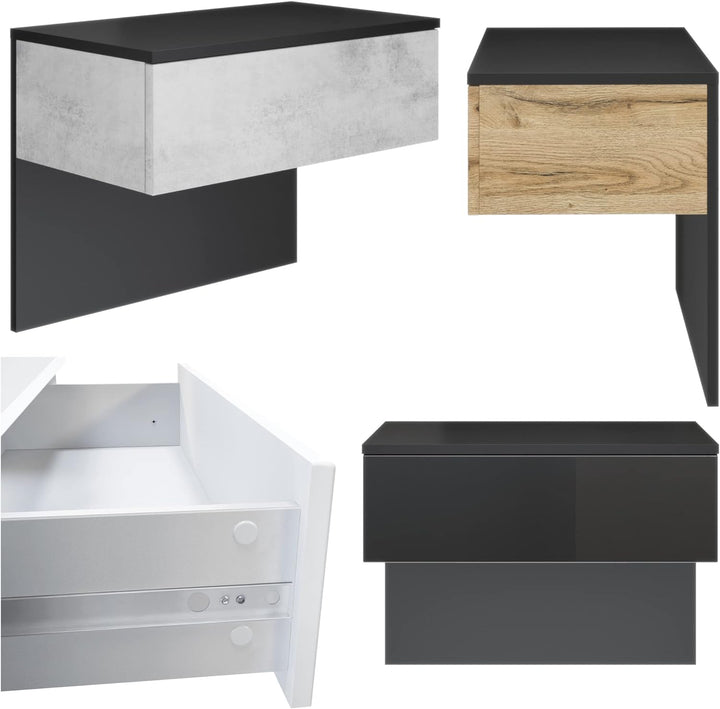 Vladon Nachttisch Sleep, Nachttischschrank mit Schublade zur Wandmontage, Schwarz matt/Weiss Hochgla
