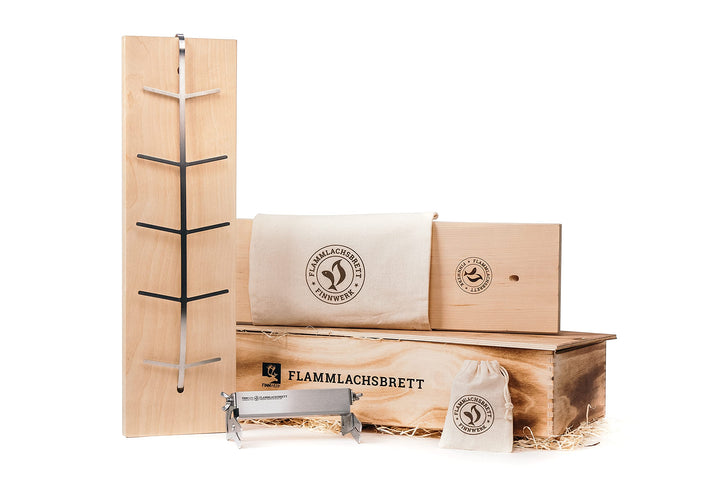 FINNWERK Flammlachsbrett Geschenkset - Lachsbretter mit Halterung aus Edelstahl und patentiertem Win