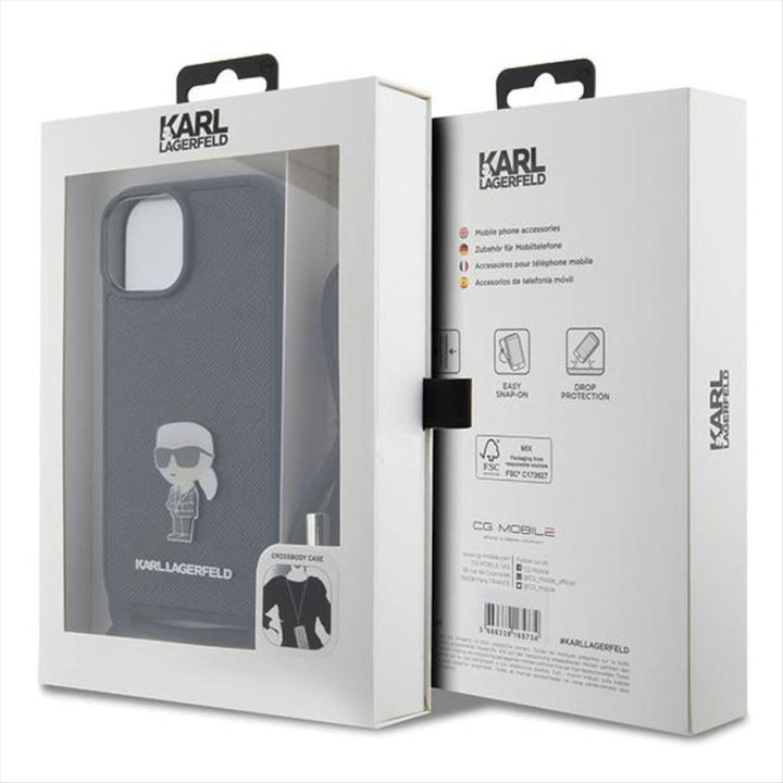 KARL LAGERFELD KLHCP15SSASKNPSK Hülle für iPhone 15 6.1" hardcase Schwarz Crossbody Saffiano Monogra