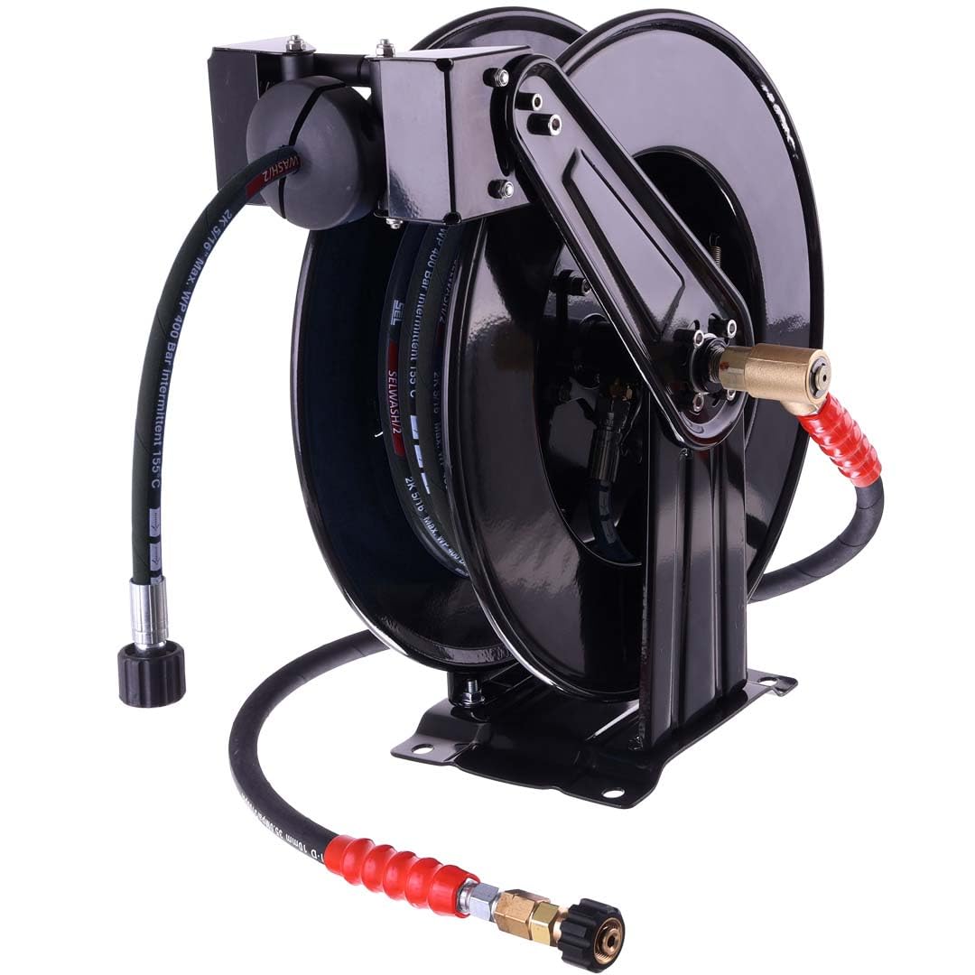 TECHKAR Automatischer Schlauchaufroller + 15m Schlauch DN8 + Schlauchverbinder, für Hochdruckgeräte,