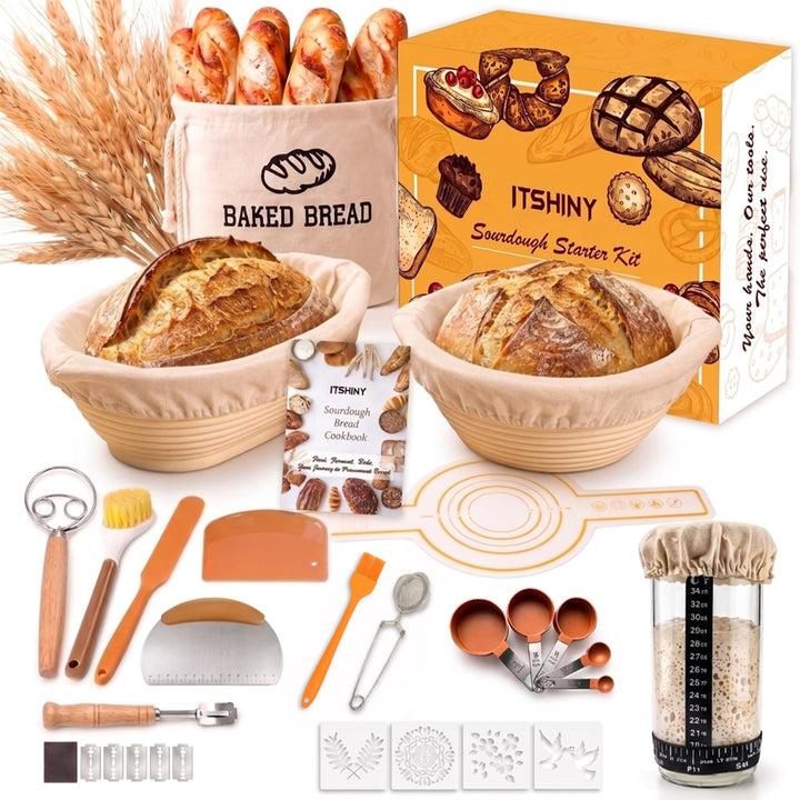 Sauerteig Starter Set, Gärkorb Oval 29 cm &amp; Rund 26 cm Abdeckhaube Gärkorb | ITSHINY Brot Backen Zub