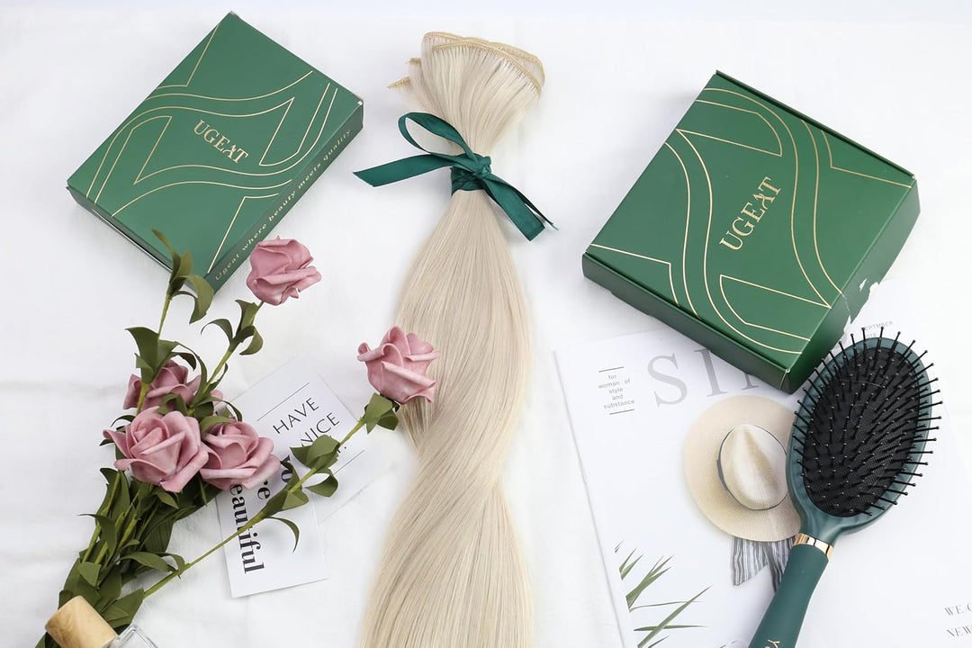 Ugeat Dicke Clip in Extensions Echthaar Weiss Blond 35cm Farbe 60A Extensions Echthaar 105Gramm Komp