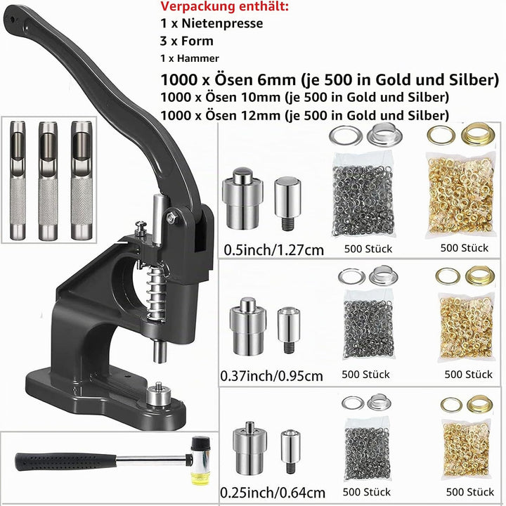 Handpresse Ösenmaschine, Profi Ösenstanzer Set, Ösenpresse Nietenpresse , Ösenstanze Ösenwerkzeug mi