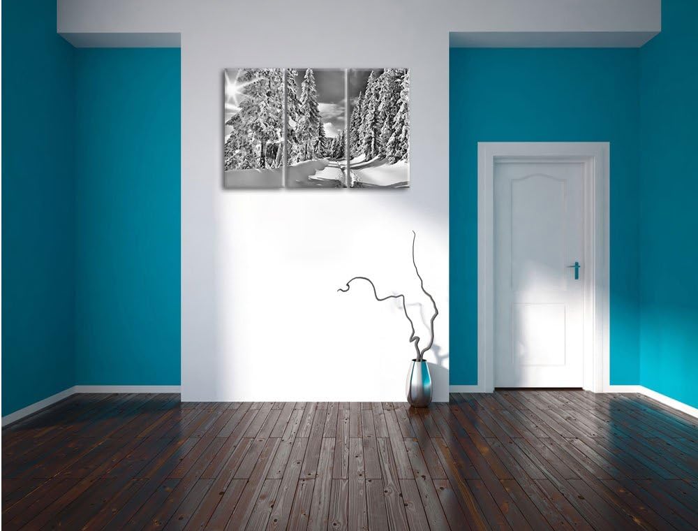 Pixxprint Monocrome, Winterlandschaft Bäume 3-Teiler Leinwandbild 120x80 Bild auf Leinwand
