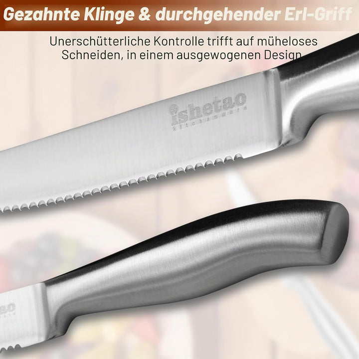 isheTao Steakmesser-Set, 6-teilig, Extra Scharfe Klinge, Wellenschliff, spülmaschinengeeignet, 12 cm