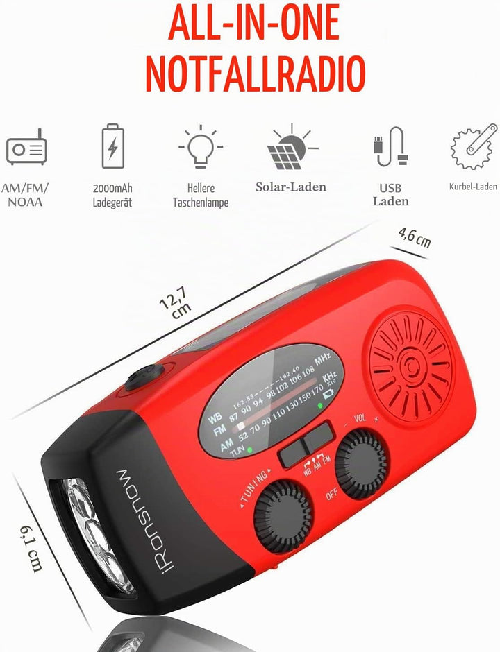 iRonsnow Notfall-Solarradio, Tragbare Kurbelradio mit LED-Taschenlampe, SOS-Alarm, AM/FM/WB Solar No