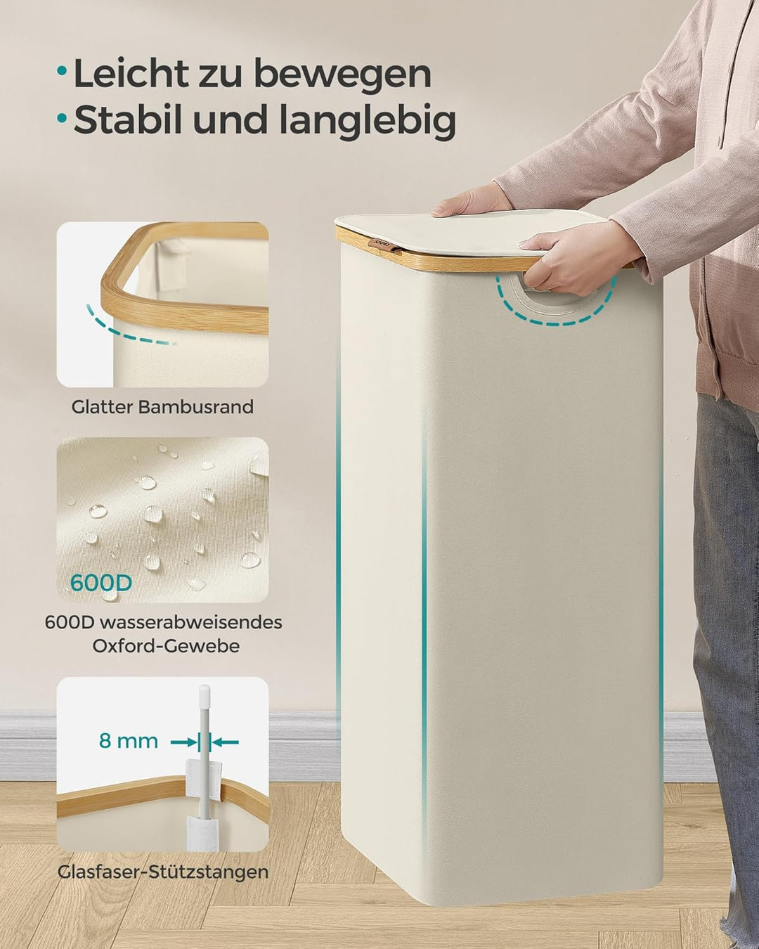 SONGMICS Wäschekorb mit Deckel, Wäschesammler 90 L, herausnehmbarer Wäschesack, Oxford-Gewebe, Griff