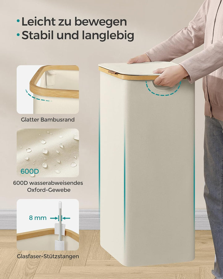 SONGMICS Wäschekorb mit Deckel, Wäschesammler 90 L, herausnehmbarer Wäschesack, Oxford-Gewebe, Griff