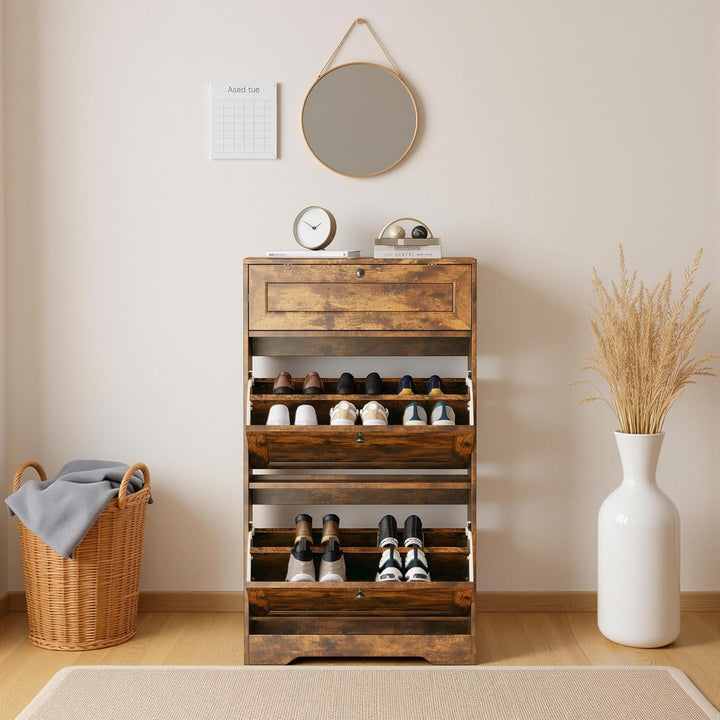 Xbro Schuhschrank mit Schublade und 2 Klappen, Schuhkipper Schmal, Schuhregal für 10–12 Paar Schuhe,