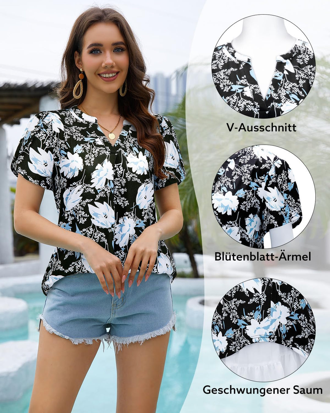 Siddhe Damen Bluse Kurzarm T-Shirts V-Ausschnitt Elegant Lässig Tunika Oberteil Locker Longshirt M 1