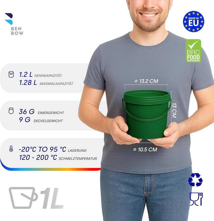 BenBow Eimer mit Deckel 1l grün 5X 1 Liter - lebensmittelecht, stabil, luftdicht, auslaufsicher, ger