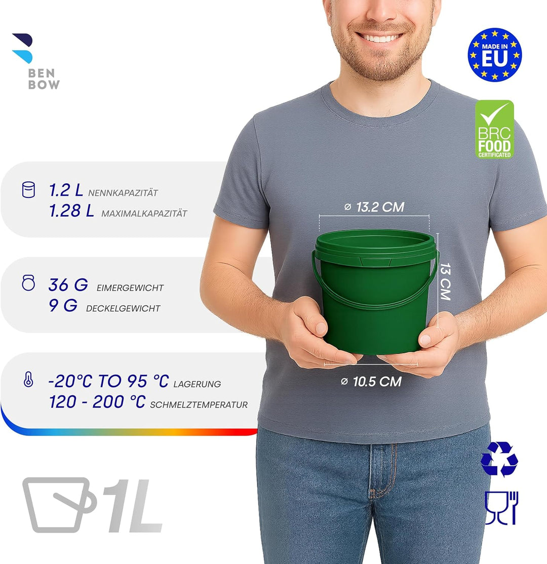 BenBow Eimer mit Deckel 1l grün 100x 1 Liter - lebensmittelecht, stabil, luftdicht, auslaufsicher, g