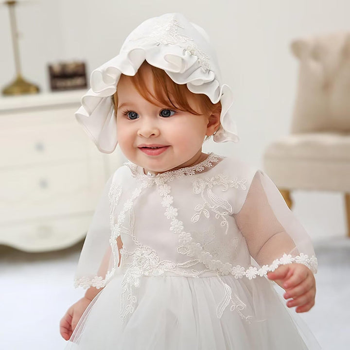 Baby Mädchen Weiss Taufkleid mit Haube Neugeborenen Taufe Kleid Spitzenkleid für Hochzeit Geburtstag