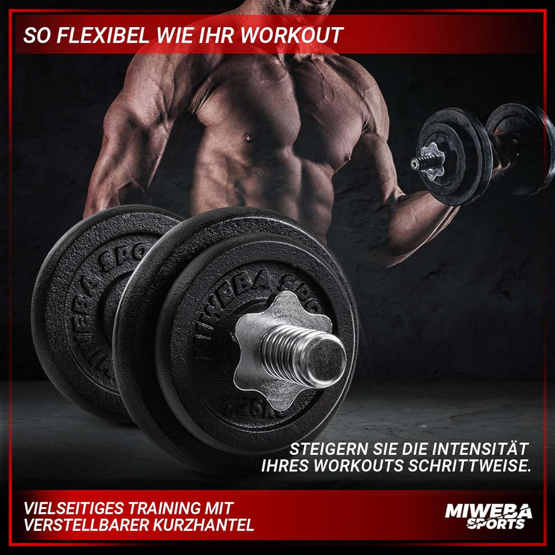 Miweba Sports Hantelset MKH110 | 10 kg | 20kg - 𝐏𝐫𝐨𝐟𝐢 Einzelhantel - Hanteln 2er Set - Stange 30mm -