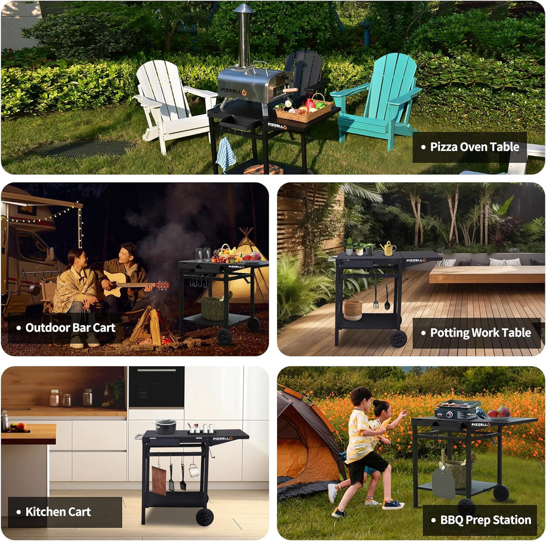 PIZZELLO Outdoor Grill Esswagen Beweglicher Pizzaofen Trolley BBQ Ständer Doppelregal Outdoor Workta