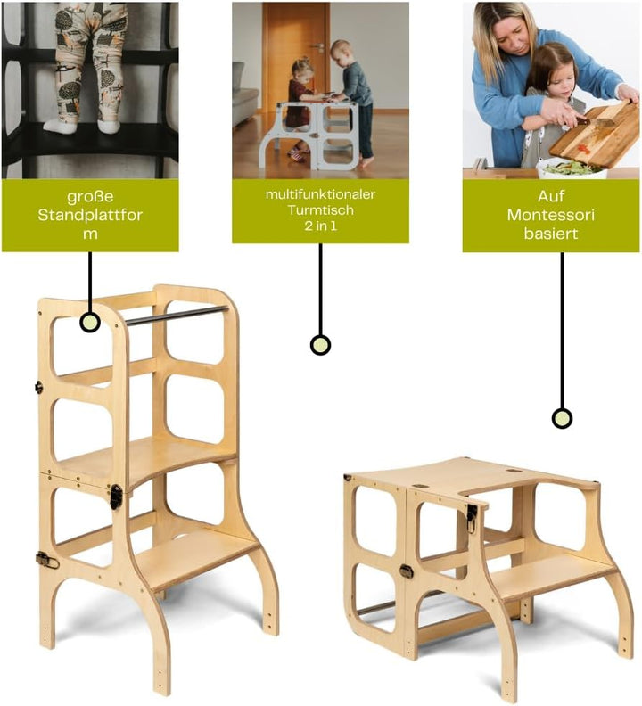 Klappbarer Lernturm mit Sitzfunktion, 45 cm Stehhöhe, Step’n’Sit, Lernturm mit Sitz und Tisch umklap