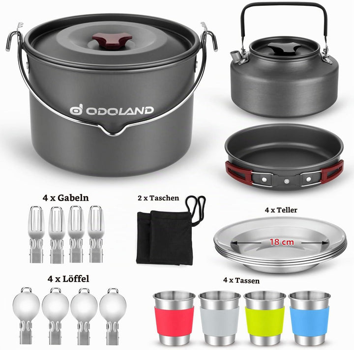 Odoland Camping Geschirr Set, Kochgeschirr für Outdoor Kochen für Camping, Rucksacktourismus, Kochen