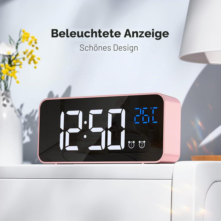 Wecker Digital, LED Digitaluhr mit Temperaturanzeige Tragbarer Spiegelalarm Tischuhr mit 2 Alarmen 1
