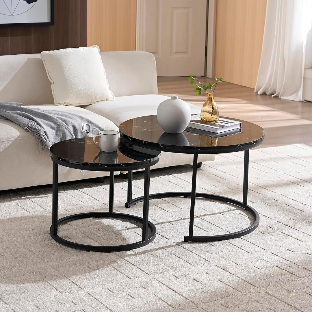 Home Heaven® Couchtisch Rund Schwarz Marmor 2er Set – Runder Wohnzimmertische in Marmor Optik Ø70cm