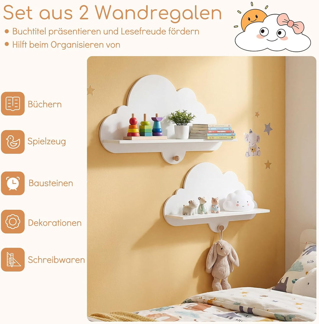 COSTWAY 2er Set Wandregal Kinder, Schweberegal im Wolkenform aus Massivholz, wandmontiertes Kinderre