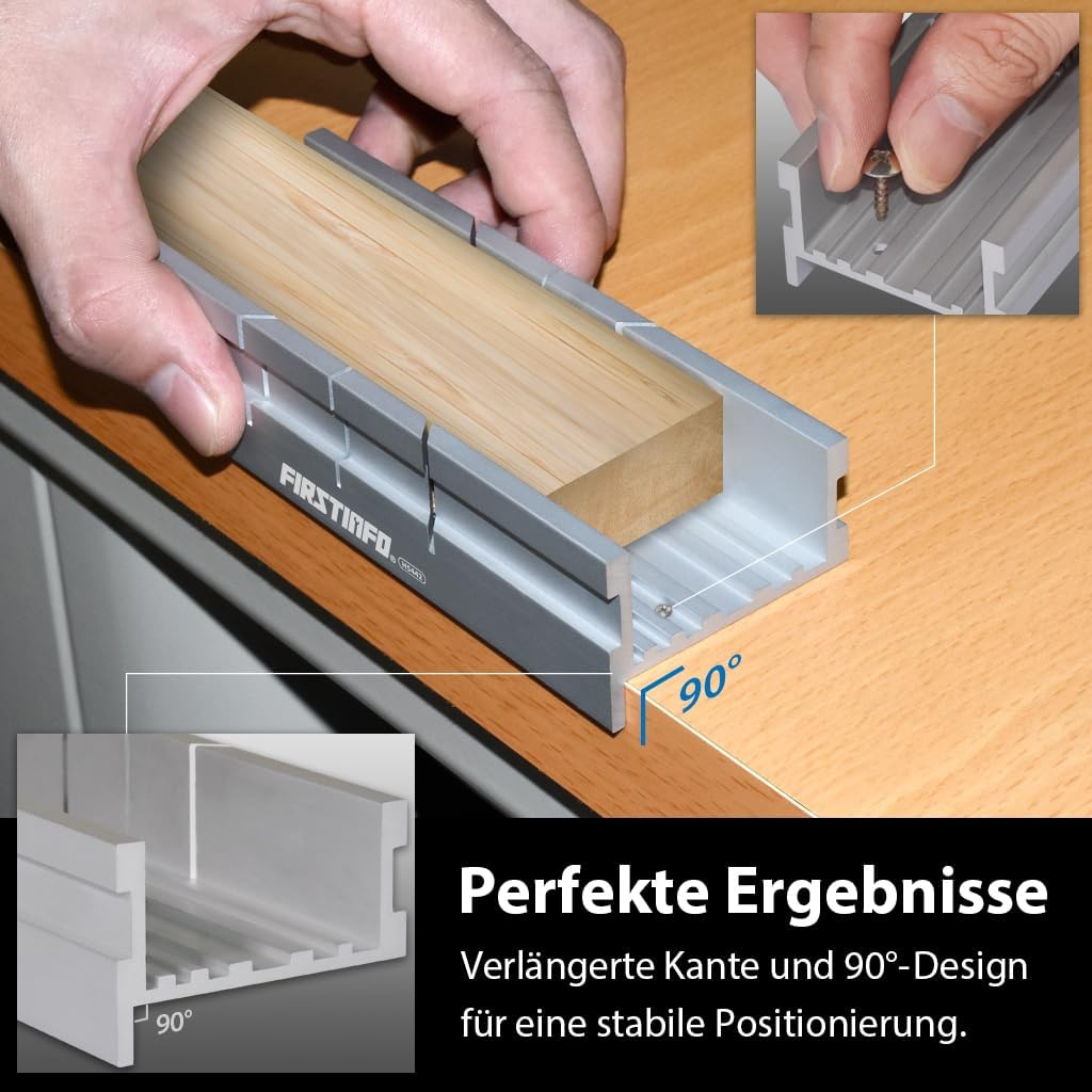 FIRSTINFO H5442 | Gehrungslade aus Aluminium – Kompakte Metall 140 x 50 x 33 mm | 3 Schnittwinkel fü