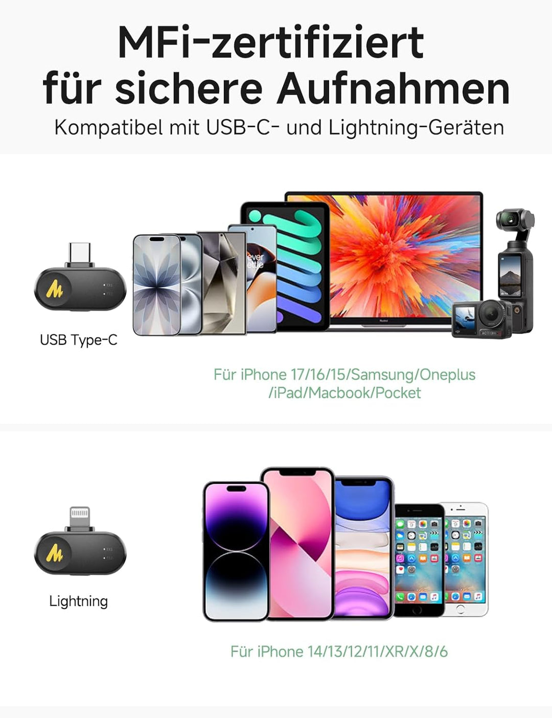 MAONO Kabelloses Mikrofon für Handy - Wireless-Lavalier-Mic für iPhone Android Handy, 4 Stufen Rausc