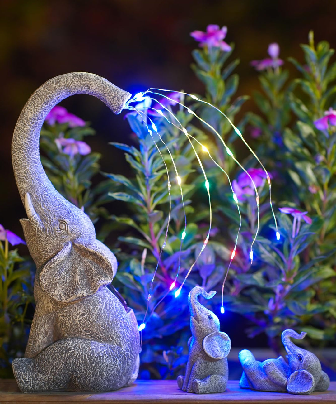 Yeomoo Elefanten Deko Gartenfiguren mit Solar Lichterkette Aussen: Elefant Mutter mit 2 Baby Elefant