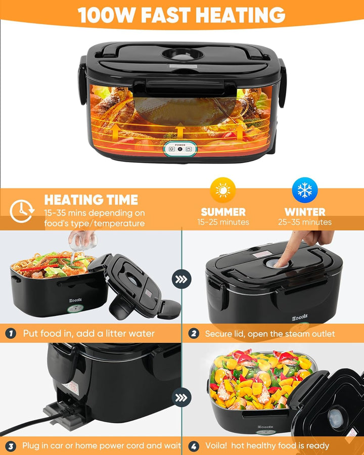 Eocolz Elektrische Lunchbox Food Heater 80-100W, Speisenwärmer mit Doppelbehälter 1,5L Tragbare Behe