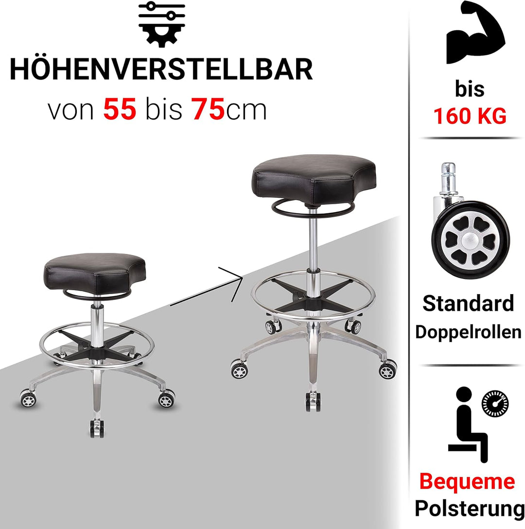 Staboos Rollhocker bis 160 kg - Ergonomisch geformter Sitz mit Ringauslösung - Drehhocker (Rollen un