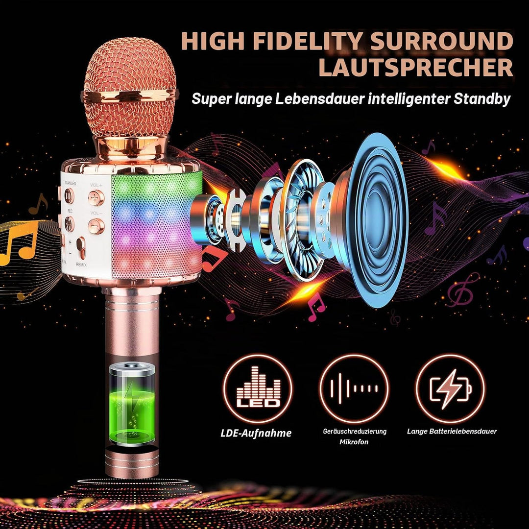 ShinePick Mikrofon Kinder Bluetooth, 4-in-1 Drahtloses Karaoke Mikrofon, Tragbare LED Microphone Spi