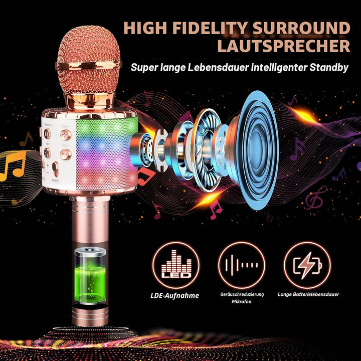 ShinePick Mikrofon Kinder Bluetooth, 4-in-1 Drahtloses Karaoke Mikrofon, Tragbare LED Microphone Spi