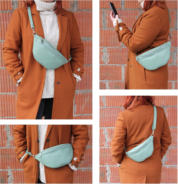 modamoda de - T211 - ital. Hüfttasche Bauchtasche Brusttasche Medium aus weichem Leder, Farbe:Blau,