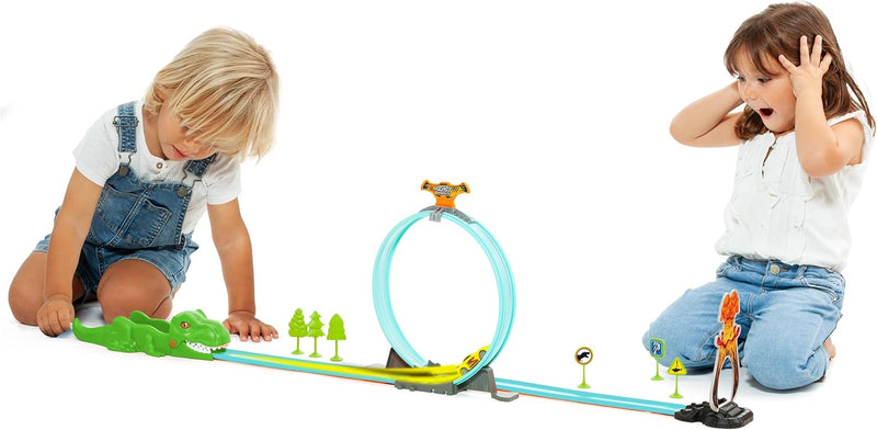 Beast Wheels Schiebe. Autorennbahn mit 360º Looping für Kinder. Modell Dinosaurier Rex und Shark Tra