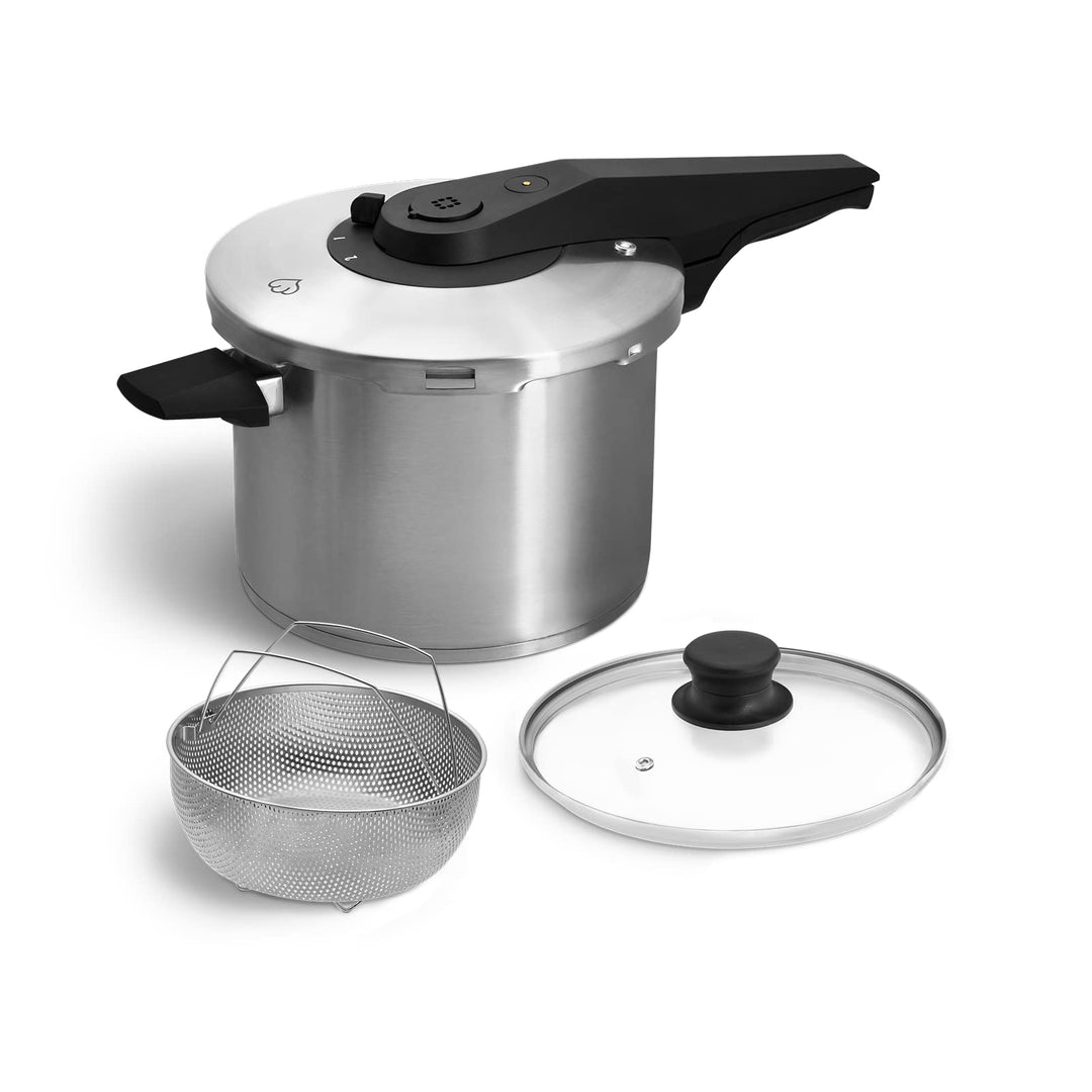 SPRINGLANE Edelstahl Schnellkochtopf 6,0 L inkl. Dampfgarer und Glasdeckel, Dampfkochtopf, Induktion