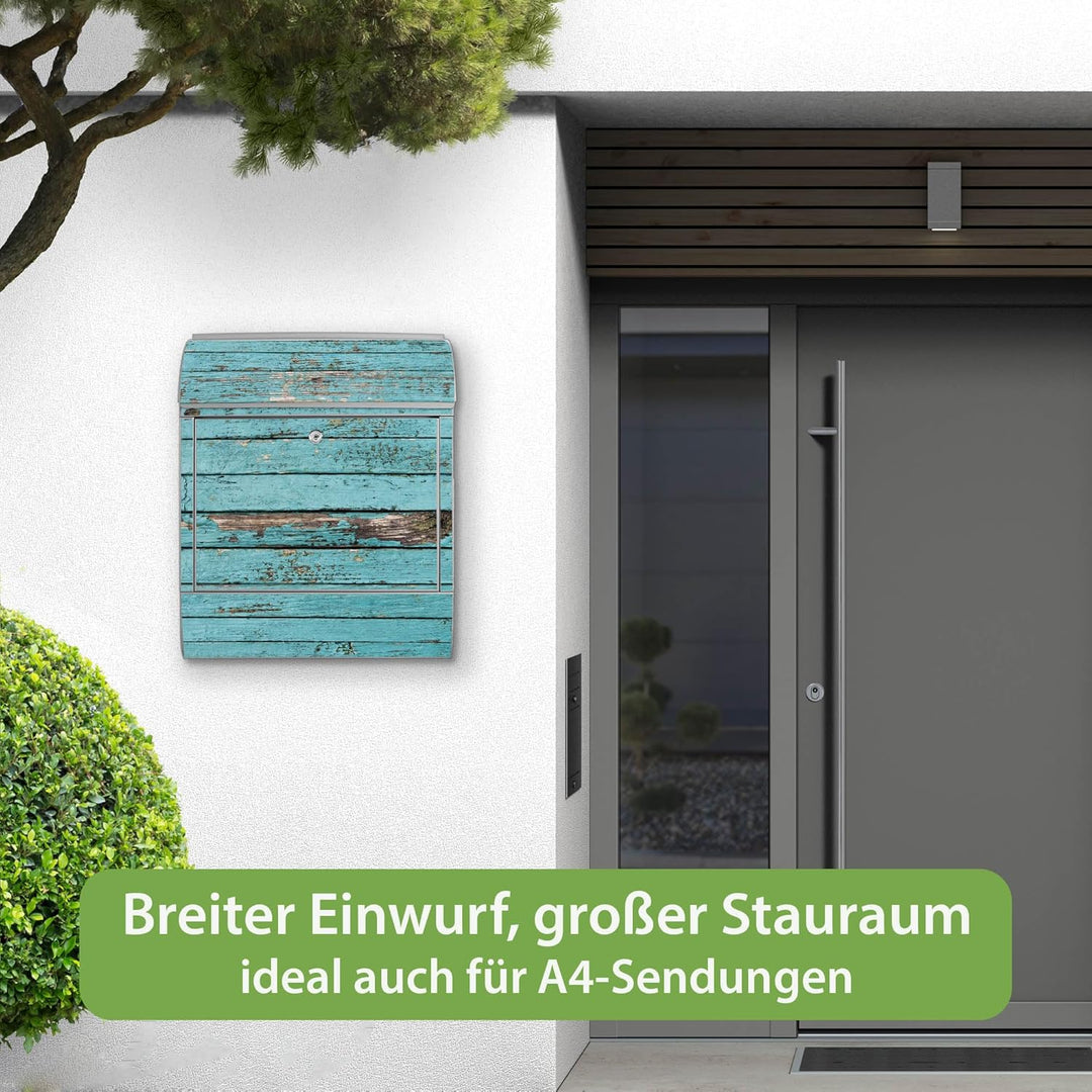banjado® Design Briefkasten mit Motiv Blaue Holzlatten 39x47x14cm &amp; 2 Schlüssel - Briefkasten Stahl