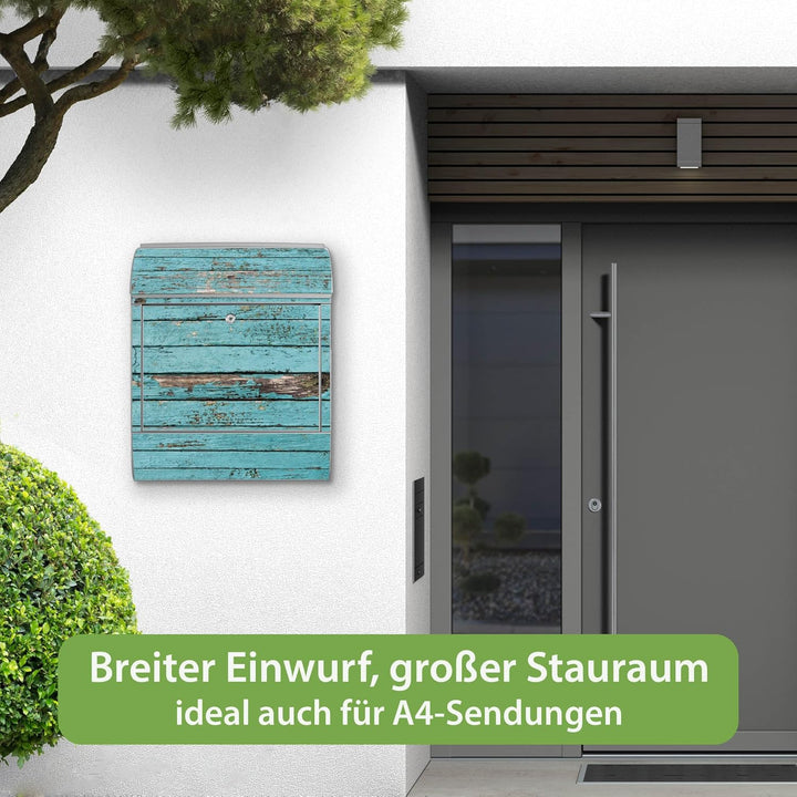 banjado® Design Briefkasten mit Motiv Blaue Holzlatten 39x47x14cm &amp; 2 Schlüssel - Briefkasten Stahl