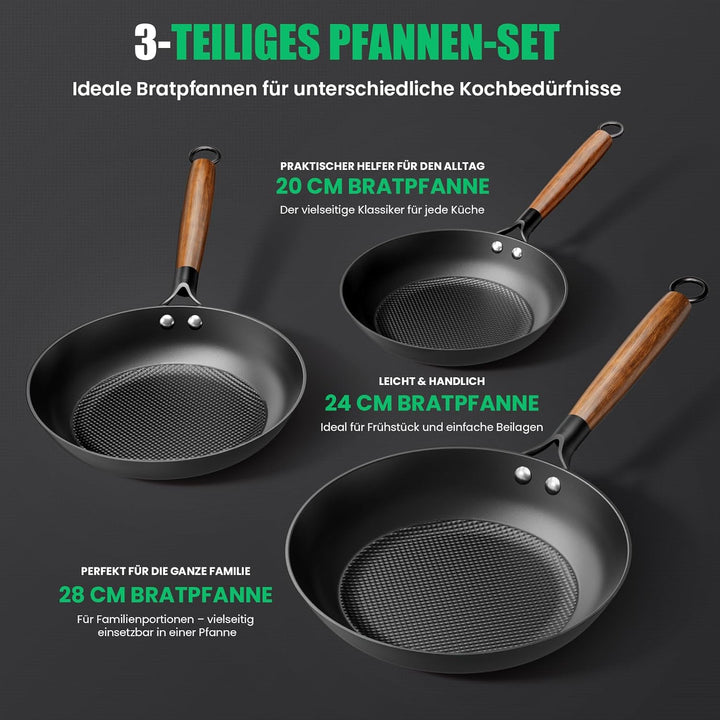YUTANN Gusseisenpfannen Set 3-teilig, Bratpfannen aus Massivem Gusseisen, Pfannen Ø 20, 24 und 28 cm