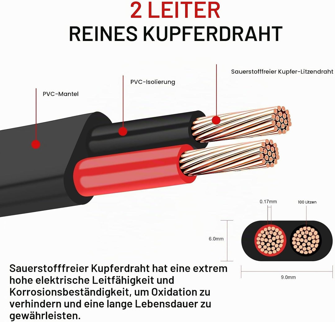 2×2,5 mm² Flaches Zweileiterkabel 2-adriges Kupfer-Elektrokabel 5V 12V 24V 60V, Dünnwandiges Rot/Sch