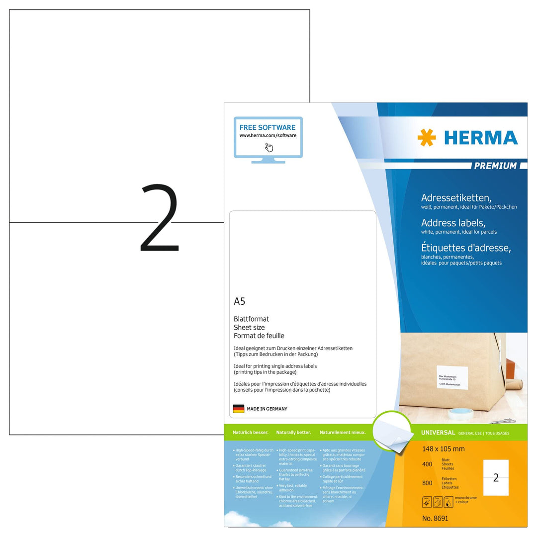 HERMA 8691 Versandetiketten, 400 Blatt, 148 x 105 mm, 2 Stück pro A5 Bogen, 800 Aufkleber, selbstkle