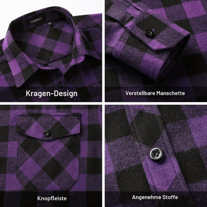 HISDERN Flanellhemd Herren Karierte Hemden Herren Langarm Button Down Baumwolle Holzfällerhemd Regul