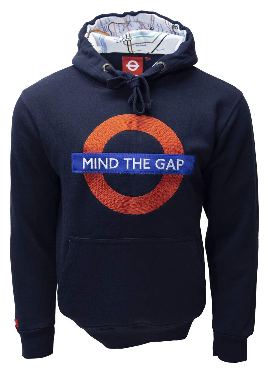 Mind The Gap Logo Marineblau Bestickt Kapuzenpullover mit Tube-Map Inside The Hood - Marine, XL