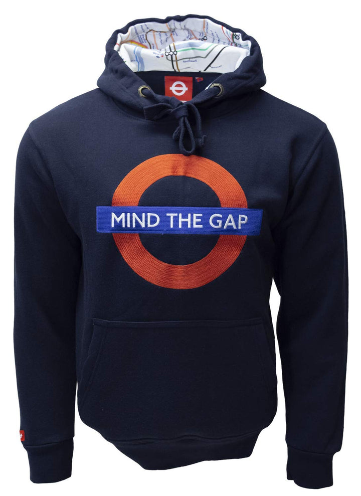Mind The Gap Logo Marineblau Bestickt Kapuzenpullover mit Tube-Map Inside The Hood - Marine, XL