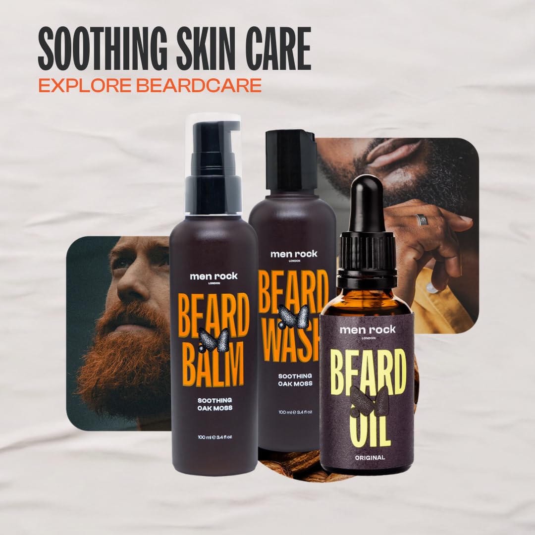 Men Rock Beardy Beloved Bartpflege Set für Männer mit Eichenmoos-Duft, 3-tlg. - Bartshampoo, Balm &
