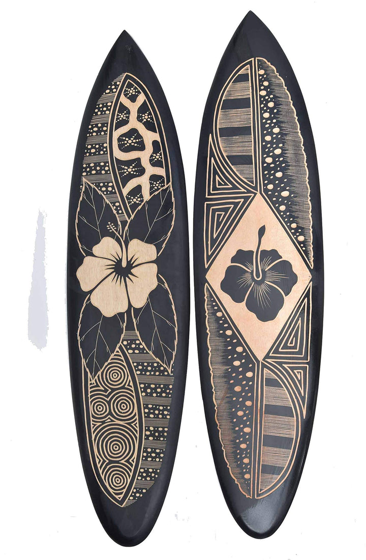 Interlifestyle 2 Tiki Deko Surfboards aus Hart Holz 100cm mit Hibiskus Motiv Surfboard Surfbrett Haw