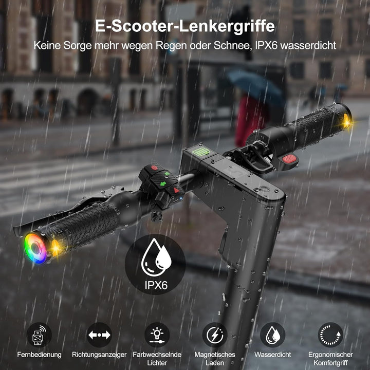 E Scooter Blinker Griff mit Farbwechsel-Lichtern, Roller Blinklicht mit magnetischer Ladestation & F