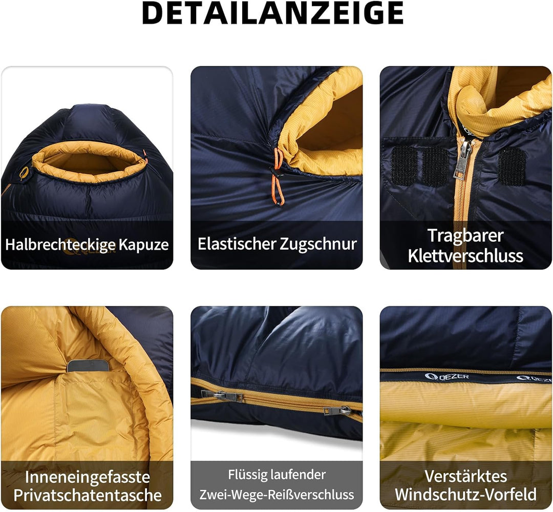 Daunenschlafsack, Winterschlafsack mit antistatischem Graphenfutter, 620FP Bauschkraft, 1450 Gramm,