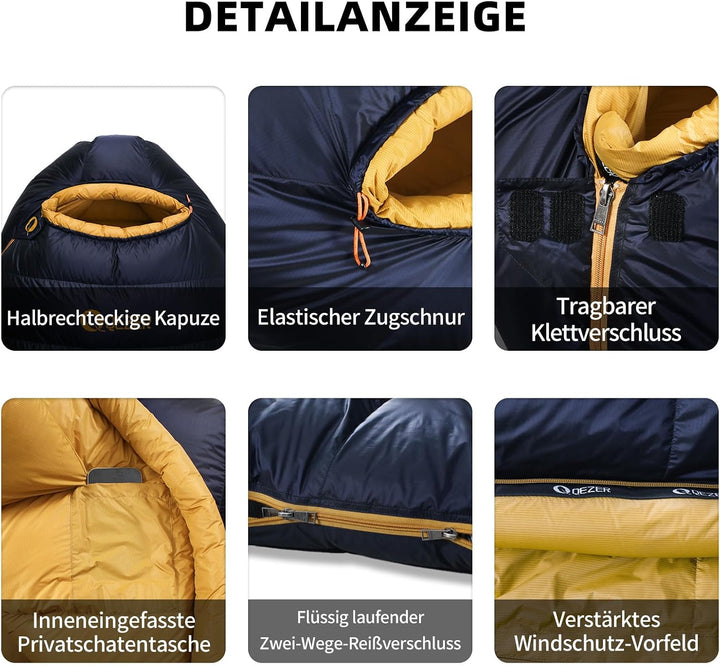 Daunenschlafsack, Winterschlafsack mit antistatischem Graphenfutter, 620FP Bauschkraft, 1450 Gramm,